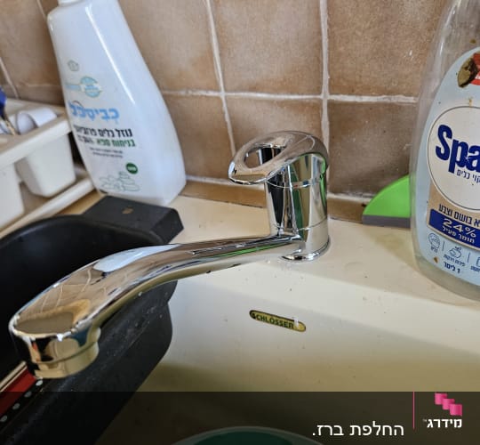ברז כיור במטבח עם חומרי ניקוי